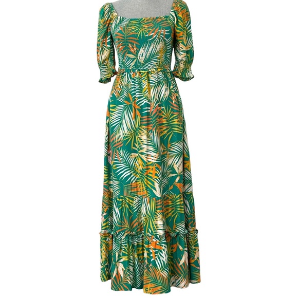 Betsy Johnson smocked teal palm print maxi dress size L - Picture 3 of 7